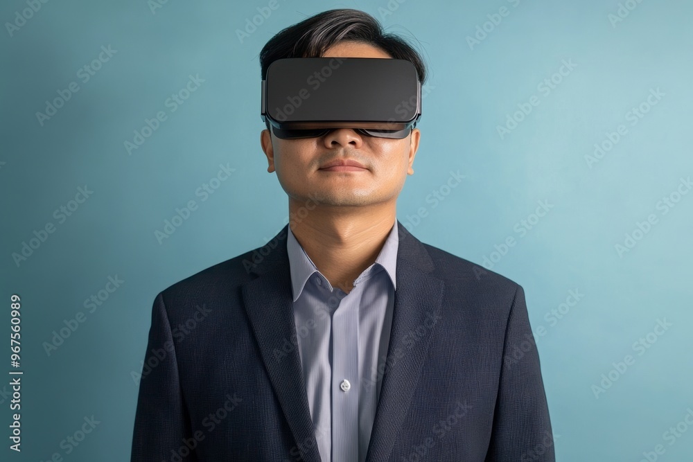 Asian businessman in virtual reality analyzing innovation ads in blue copyspace while connected to a business world report in a futuristic metaverse. Composition.