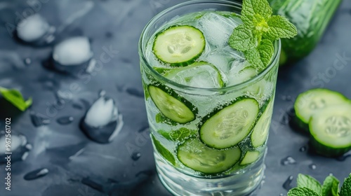 A glass of mint-infused cucumber water with ice, perfect for a summer refreshment.