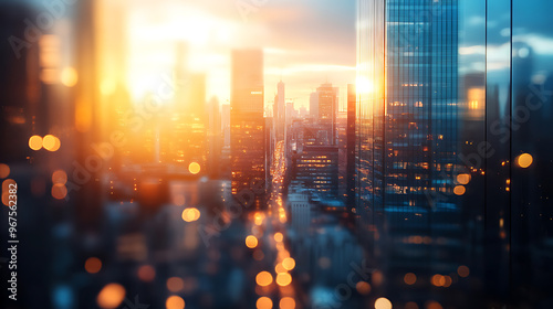 Cityscape of modern city at sunset. 3d rendering double exposure