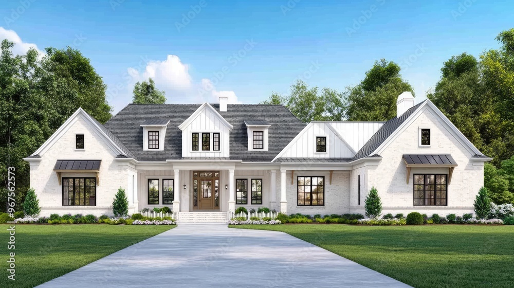 The design showcases a small two-story home featuring a gable roof, vertical board-and-batten siding, and a welcoming front porch adorned with chairs, complemented by a picket fence The design showcases a small two-story home featuring a gable roof, vertical board-and-batten siding, and a welcoming front porch adorned with chairs, complemented by a picket fence
