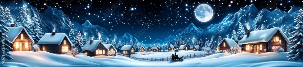Naklejka premium Winter village in the mountains at night with full moon and stars. Starry Night Over a Snowy Town. moonlight christmas background. 