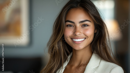 Wallpaper Mural Businesswoman Portrait,  A charming businesswoman smiles brightly at the camera, exuding confidence and approachability in a professional setting Torontodigital.ca