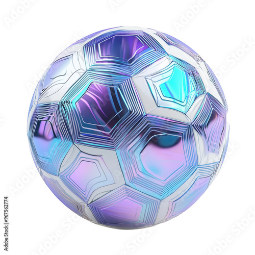 A reflective, iridescent soccer ball featuring hexagonal panels.
