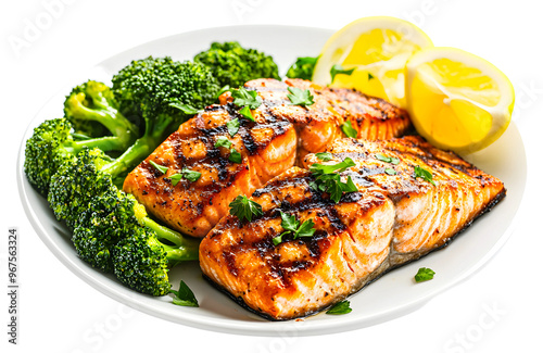 Grilled salmon with broccoli and lemon slices served on a plate isolated on transparent background