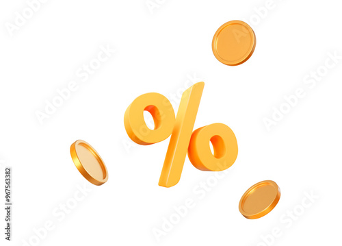 3d percent sign yellow color with flying gold coins. Christmas, birthday, ads, promotion. Stock vector illustration on isolated background.