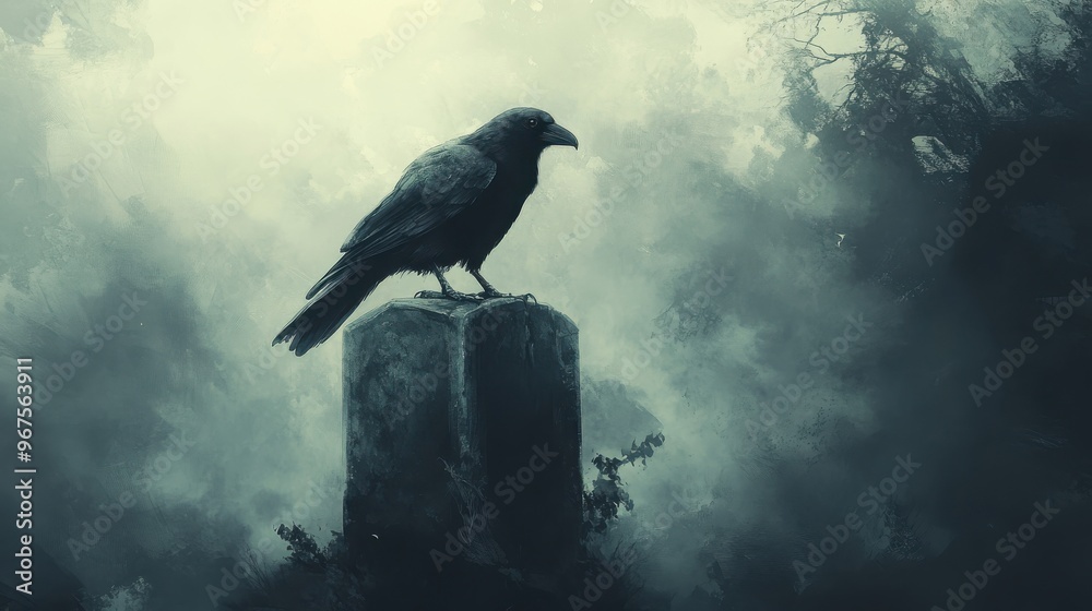 Fototapeta premium A solitary crow perched on a weathered tombstone amidst a misty, eerie atmosphere, evoking a sense of mystery.