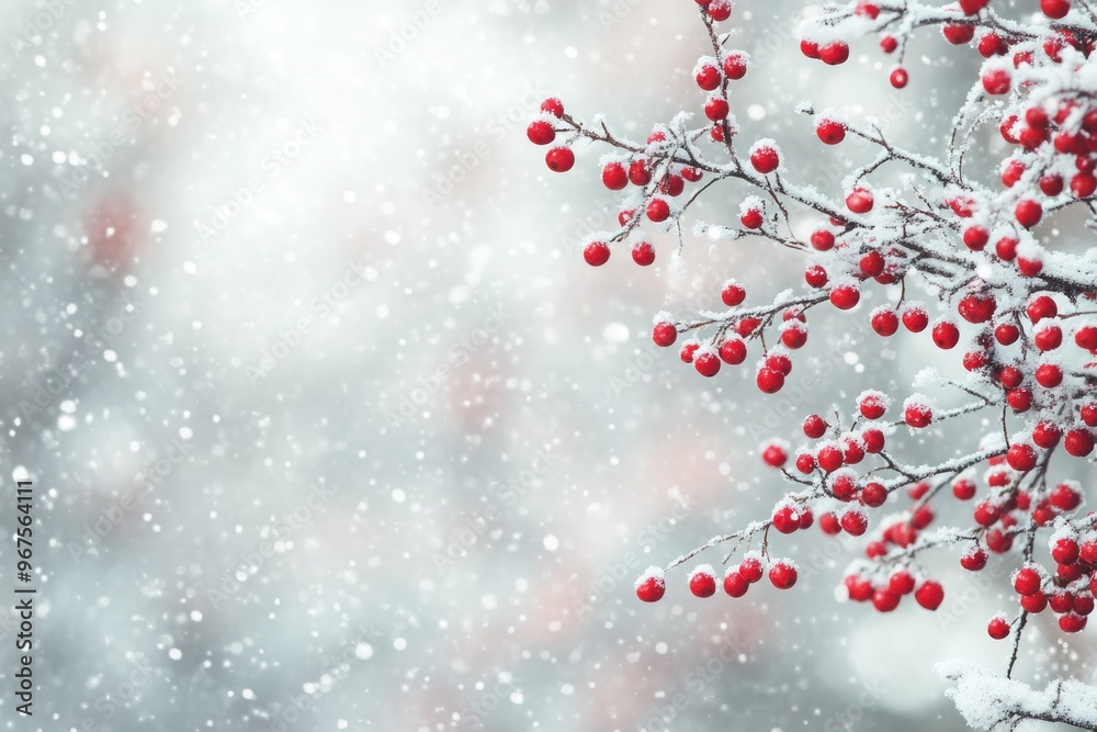 Snow-Covered Branch with Red Berries in Winter Snow-Covered Branch with Red Berries in Winter