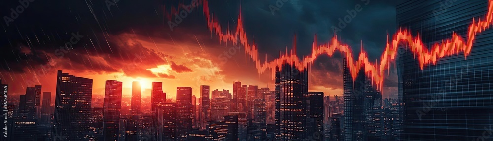 Obraz premium Dramatic city skyline with a trading chart overlay during a fiery sunset, symbolizing growth and market dynamics.