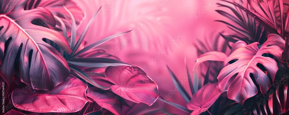 Tropical monstera and palm leaves creating vibrant abstract pattern Tropical monstera and palm leaves creating vibrant abstract pattern