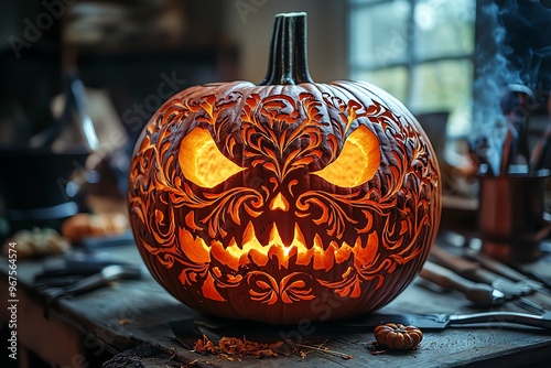 Highangle view of a masterfully carved pumpkin with intricate spooky designs, glowing from within, surrounded by custom tools, photorealistic detail, dramatic shadows photo