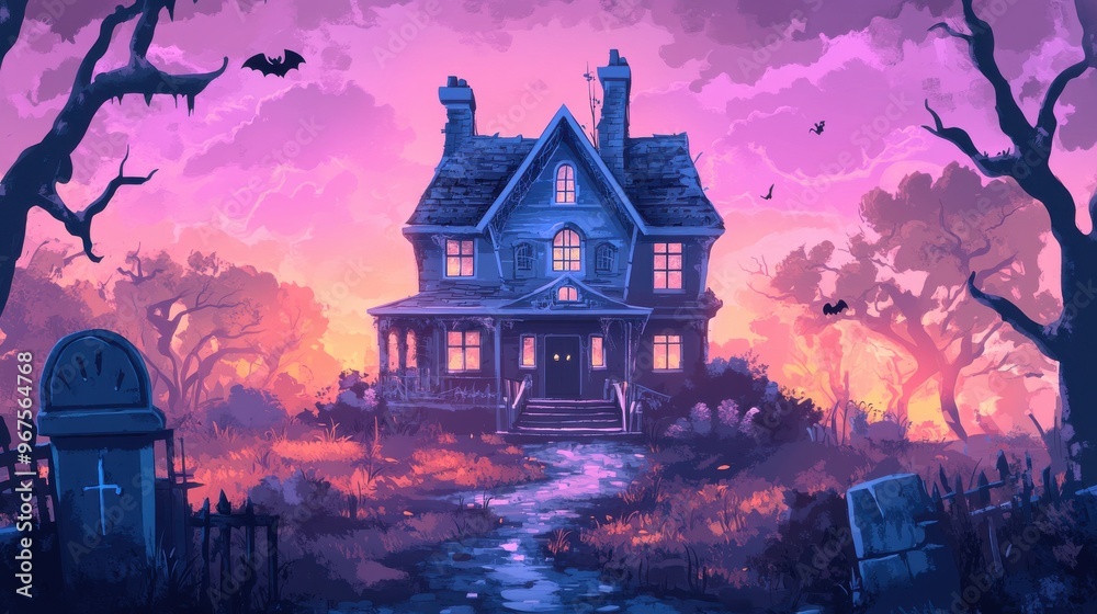 A spooky, haunted house surrounded by eerie trees and a graveyard, set against a vibrant twilight sky. A spooky, haunted house surrounded by eerie trees and a graveyard, set against a vibrant twilight sky.