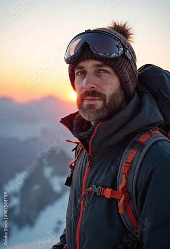 A mountain climber with rugged features and cold-weather gear, standing against a sunrise backdrop, copy space on a side