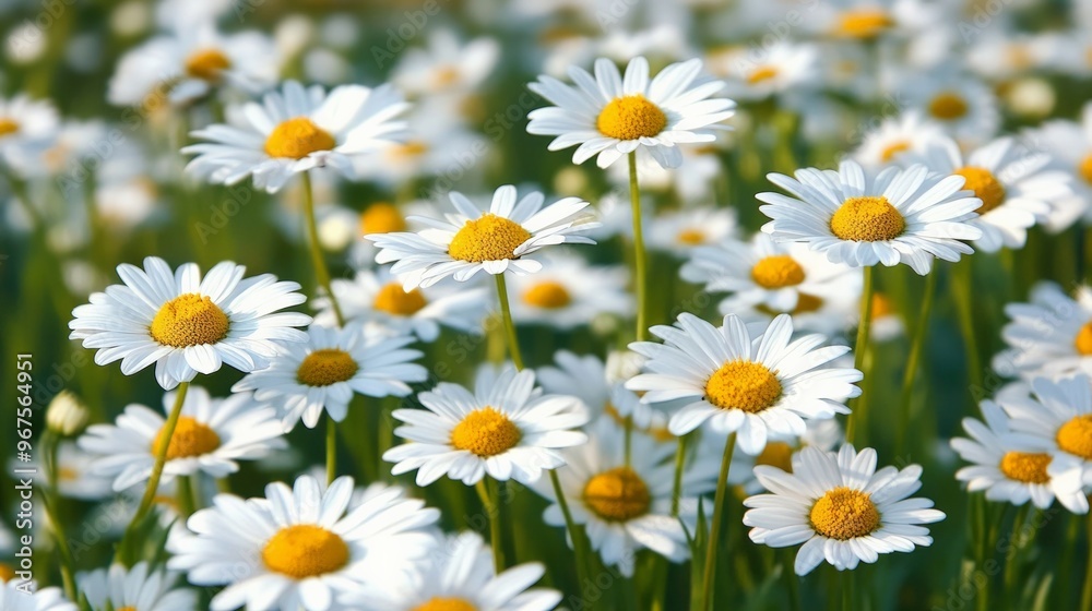 Field of daisies with white petals and yellow centers, creating a cheerful and bright atmosphere. Field of daisies with white petals and yellow centers, creating a cheerful and bright atmosphere.