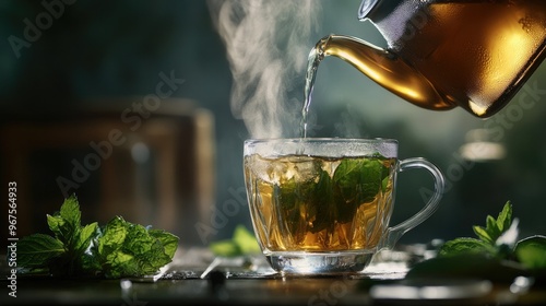 A teapot pouring fresh mint tea into a clear glass, with steam rising from the hot liquid. photo