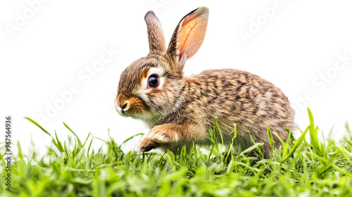 Cute rabbit hopping through lush green grass in bright daylight isolated on transparent background