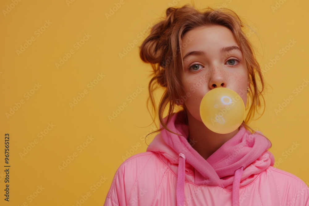 Girl with red hair blowing a bubble. Copy space for text Girl with red hair blowing a bubble. Copy space for text