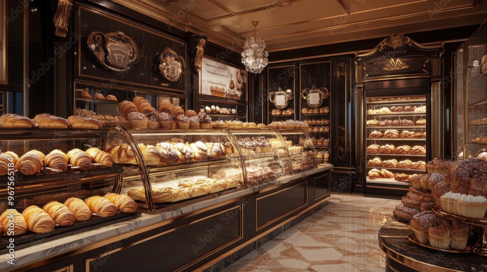 A luxurious French bakery showcasing an array of freshly baked pastries, including A luxurious French bakery showcasing an array of freshly baked pastries, including