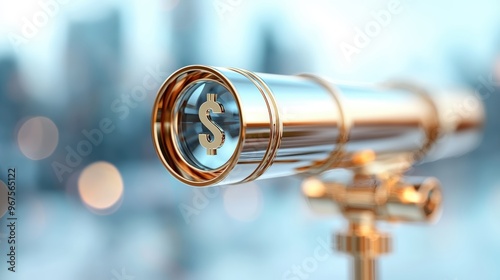 Close-up view of a golden telescope featuring a dollar symbol, representing investment and financial vision in a modern environment.