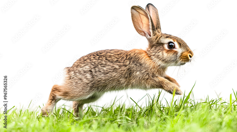 Fototapeta premium A rabbit hopping through lush green grass in a sunny meadow isolated on transparent background