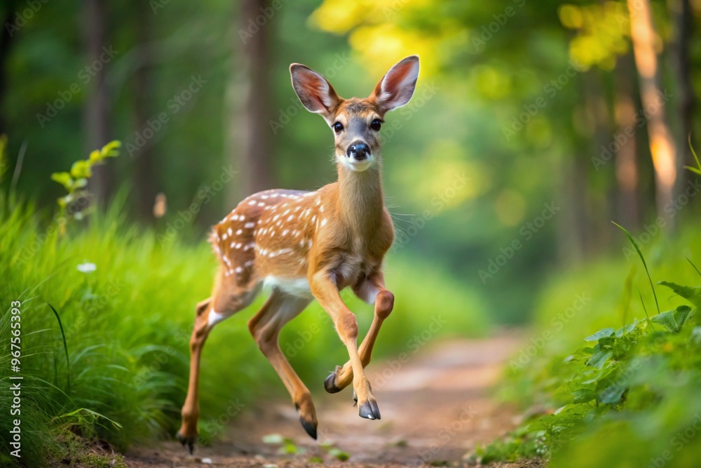 White tailed deer fawn with hind on natural trail in north Wisconsin White tailed deer fawn with hind on natural trail in north Wisconsin
