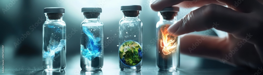 A scientist is manipulating Earths seasons and climates using vials containing water, earth, and fire elements, showcasing delicate balance of nature A scientist is manipulating Earths seasons and climates using vials containing water, earth, and fire elements, showcasing delicate balance of nature
