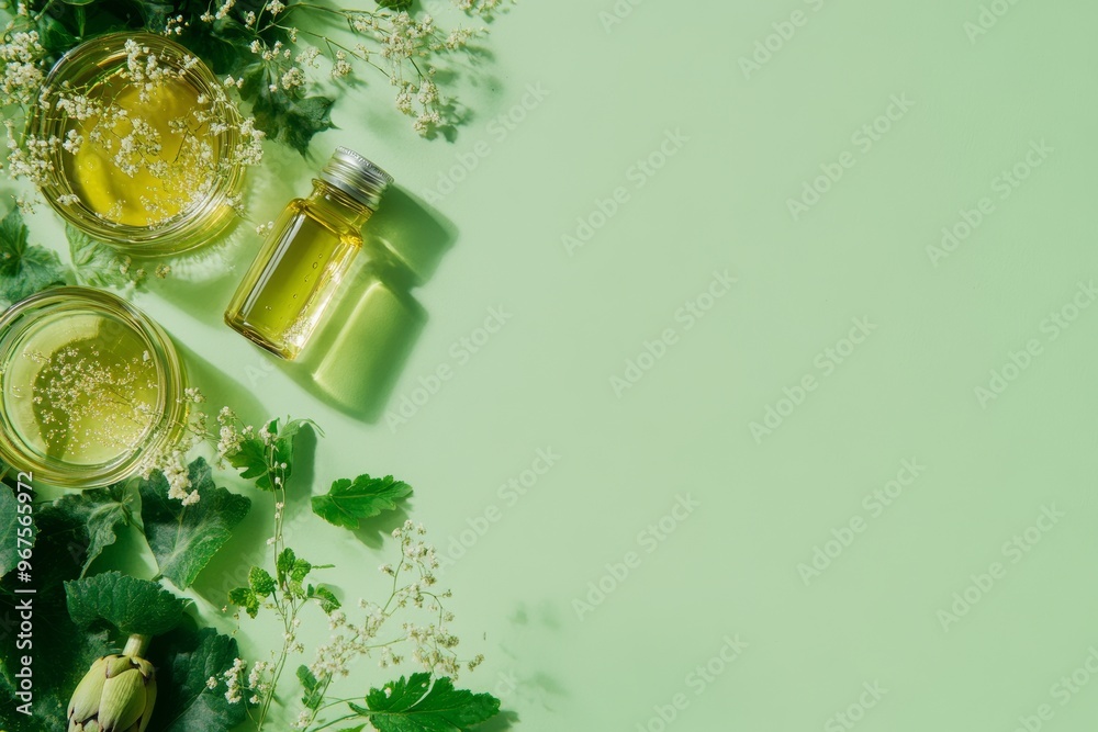 Fototapeta premium On a green background, petri dishes with cosmetic products and sunflowers. A space for text is provided.