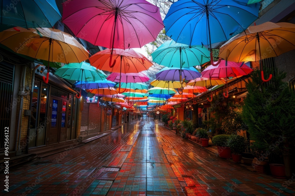 Colorful umbrellas hanging over empty street reflecting on wet pavement Colorful umbrellas hanging over empty street reflecting on wet pavement