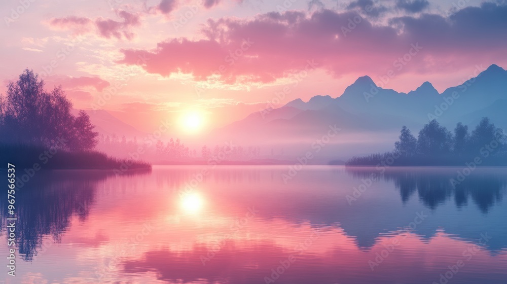 Fototapeta premium Tranquil pink sunrise reflecting in calm lake water