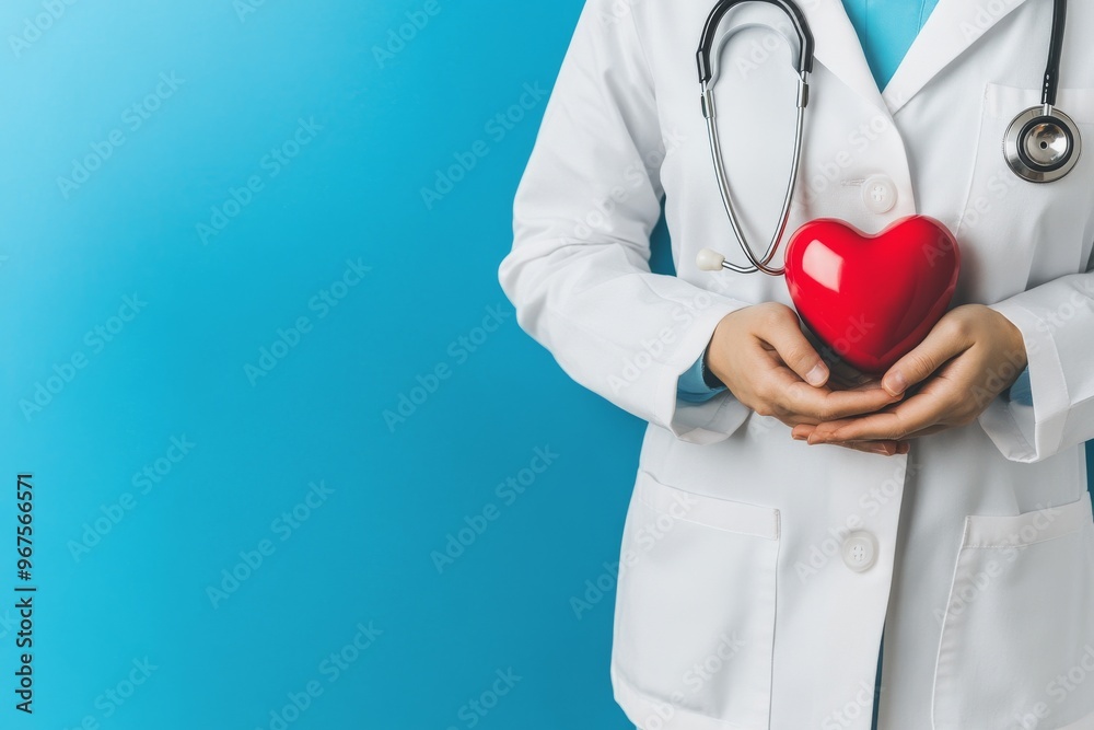 Detailed image of a doctor with stethoscope and red heart on light blue background. Text space available Detailed image of a doctor with stethoscope and red heart on light blue background. Text space available