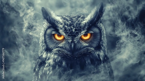 A striking portrait of an owl with piercing orange eyes, set against a misty and mysterious background, evoking a sense of wonder.