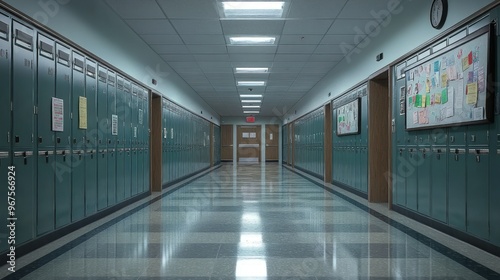 Empty school hallway with lockers and bulletin board.