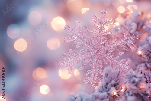 Sparkling Snowflake Ornament on a Snowy Tree Branch with Bokeh Lights