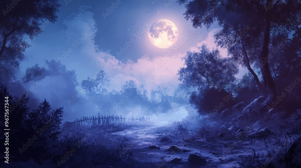 A tranquil night scene featuring a glowing moon, soft clouds, and serene nature, creating a peaceful atmosphere under the stars. A tranquil night scene featuring a glowing moon, soft clouds, and serene nature, creating a peaceful atmosphere under the stars.