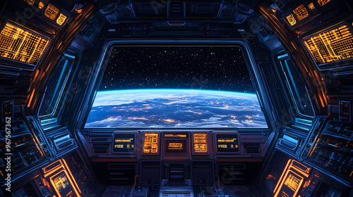 Bright spaceship interior with a view out a dark window. generative ai. Spaceship. Illustration