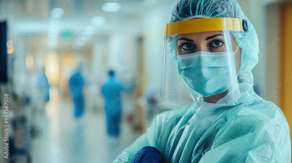 A medical professional wearing a face mask, gloves, and a protective gown in a hospital A medical professional wearing a face mask, gloves, and a protective gown in a hospital