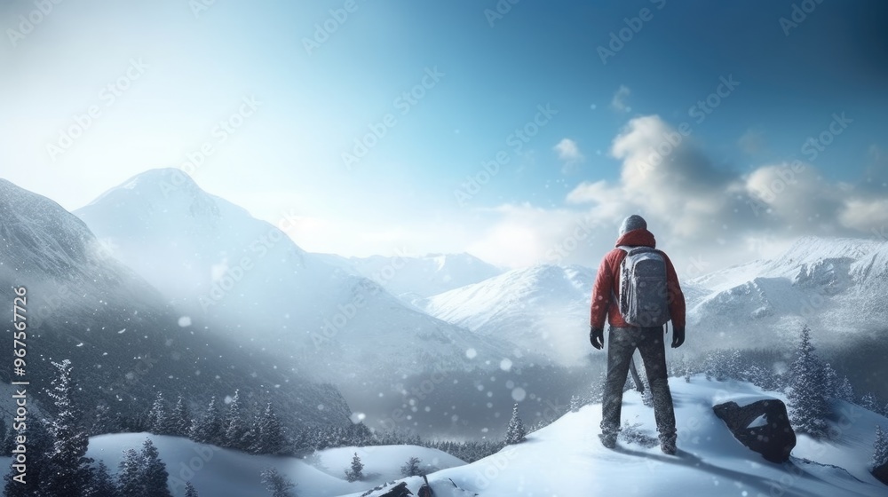 Alone Male Winter Hiker with Backpack in Snow-Covered Mountain Range and Foggy Background, Back Side Photo. Fictional Characters Created By Generative AI. Alone Male Winter Hiker with Backpack in Snow-Covered Mountain Range and Foggy Background, Back Side Photo. Fictional Characters Created By Generative AI.