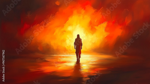 A lone figure walks towards a bright fiery light in a surreal orange-red landscape symbolizing the journey after death or towards divinity