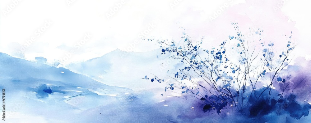 Fototapeta premium Serene watercolor landscape with soft hues and delicate flora, creating a peaceful atmosphere for artistic projects.