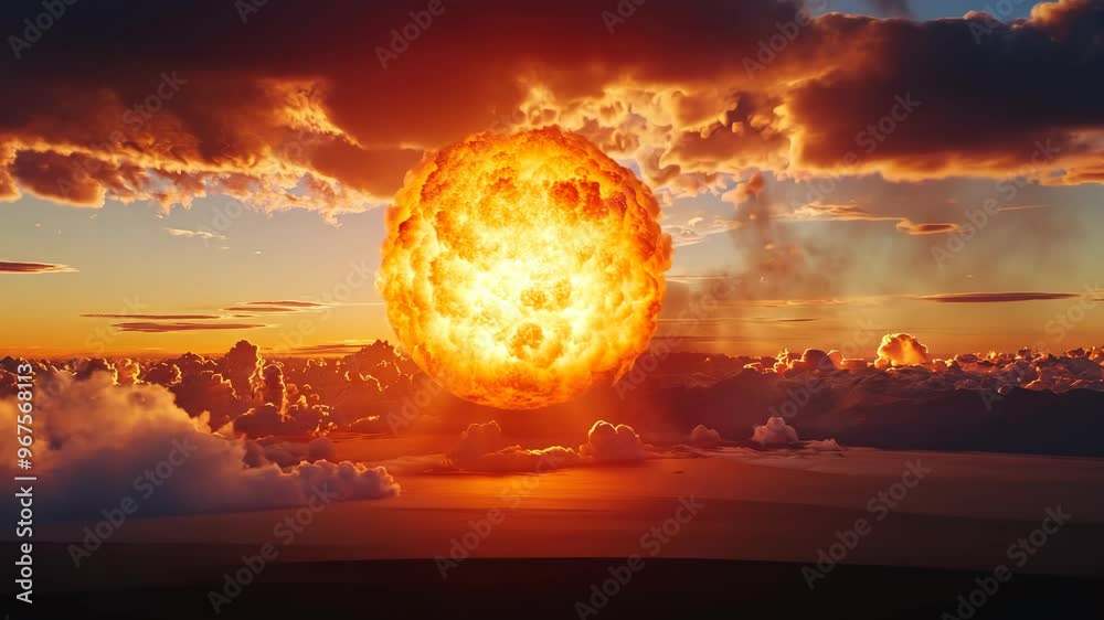 Massive explosion lights up the sky over the ocean at sunset during a test event Massive explosion lights up the sky over the ocean at sunset during a test event