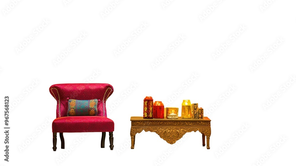 Armchair or Sofa with Illuminated Lamps on Golden Table Element PNG for Diwali Home Stuff Decoration Ideas. Armchair or Sofa with Illuminated Lamps on Golden Table Element PNG for Diwali Home Stuff Decoration Ideas.