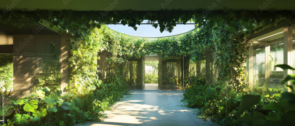 A biophilic design featuring lush green corridor filled with vibrant plants and natural light, creating serene and inviting atmosphere A biophilic design featuring lush green corridor filled with vibrant plants and natural light, creating serene and inviting atmosphere
