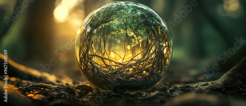 A botanical crystal ball reflects serene forest scene, surrounded by intricate roots and illuminated by warm sunlight. This enchanting image captures beauty of nature and its magical essence photo