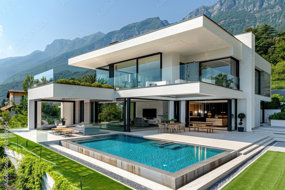 Modern villa in Italy with pool, green lawn, white walls, and large windows overlooking mountains, end of villa style. Modern villa in Italy with pool, green lawn, white walls, and large windows overlooking mountains, end of villa style.
