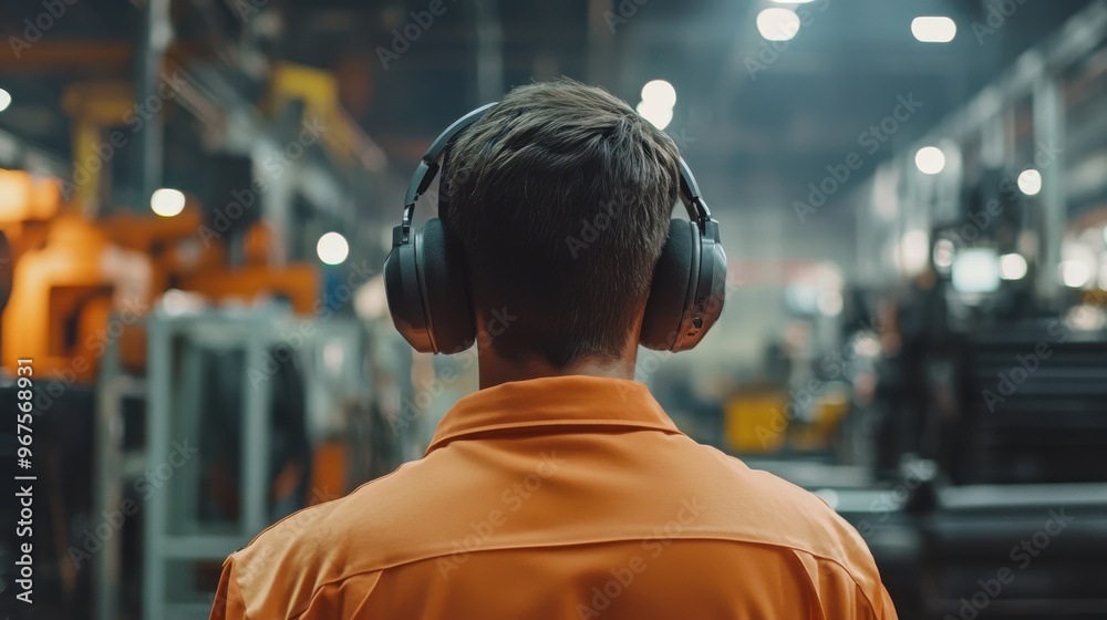 A pair of ear protection earmuffs being worn by a factory worker operating loud machinery. A pair of ear protection earmuffs being worn by a factory worker operating loud machinery.