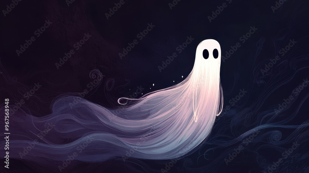 A whimsical ghost floating gracefully in a dark, enchanting atmosphere, perfect for Halloween or fantasy-themed projects. A whimsical ghost floating gracefully in a dark, enchanting atmosphere, perfect for Halloween or fantasy-themed projects.