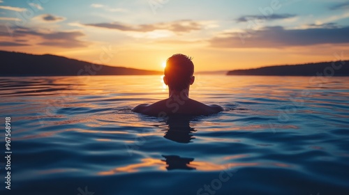 Man releasing stress, floating in water at sunset