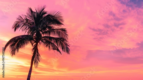 A vibrant pink and orange sunset sky with the silhouette of an isolated palm tree, creating a tropical background for travel advertising or vacation