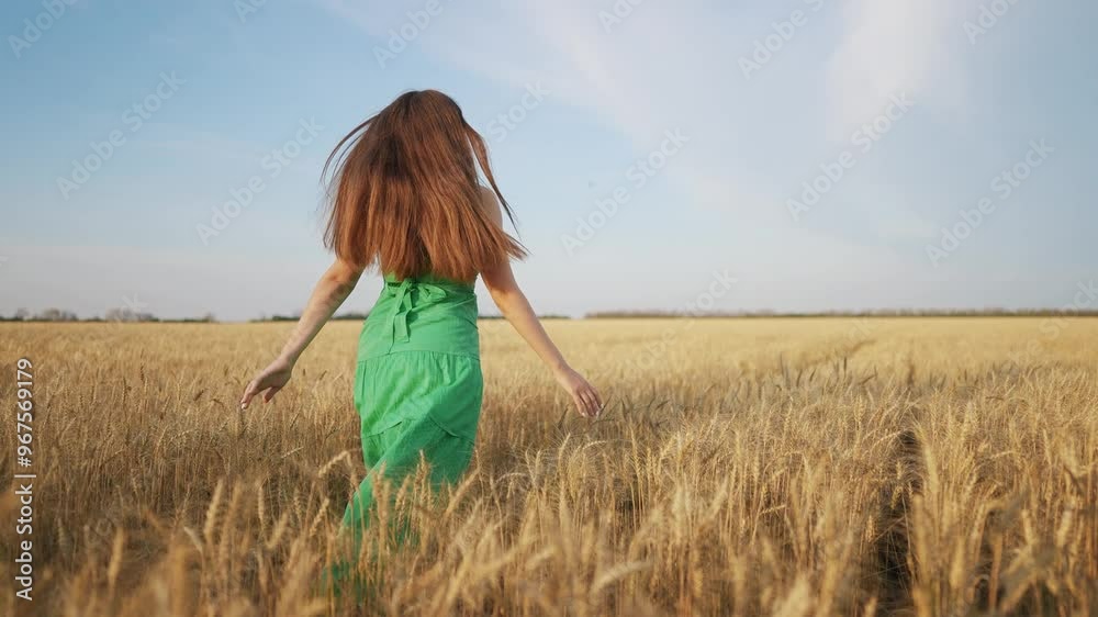 A girl in a green dress runs through the wheat. Nature happy young concept. A free woman runs through a field of wheat. A woman runs through a field of wheat and is freed from bustle crowd of the. A girl in a green dress runs through the wheat. Nature happy young concept. A free woman runs through a field of wheat. A woman runs through a field of wheat and is freed from bustle crowd of the.