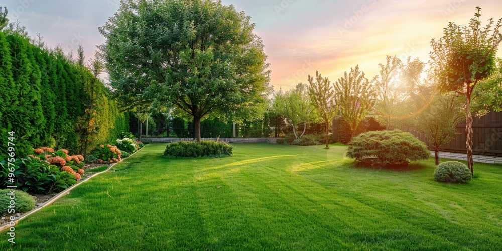 Large Pear Tree Growing in a Professionally Landscaped Backyard Garden with Well Maintained Plants and an Evenly Mowed Lawn at Dusk Large Pear Tree Growing in a Professionally Landscaped Backyard Garden with Well Maintained Plants and an Evenly Mowed Lawn at Dusk