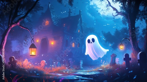 A whimsical ghost floats near an enchanting haunted house, illuminated by lanterns in a mysterious graveyard setting.